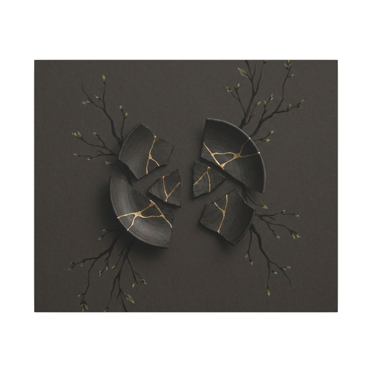 Sophisticated Broken Pottery Canvas Art - Charcoal Ink Dark Japandi