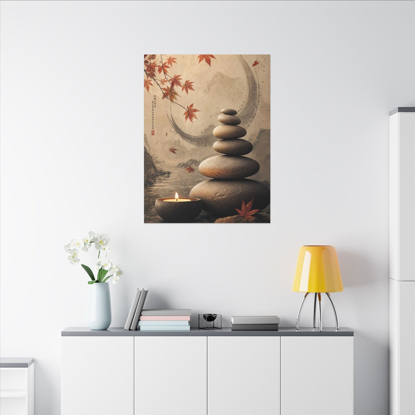 Japandi River Stones in Candlelight | Japanese Pattern Canvas Art