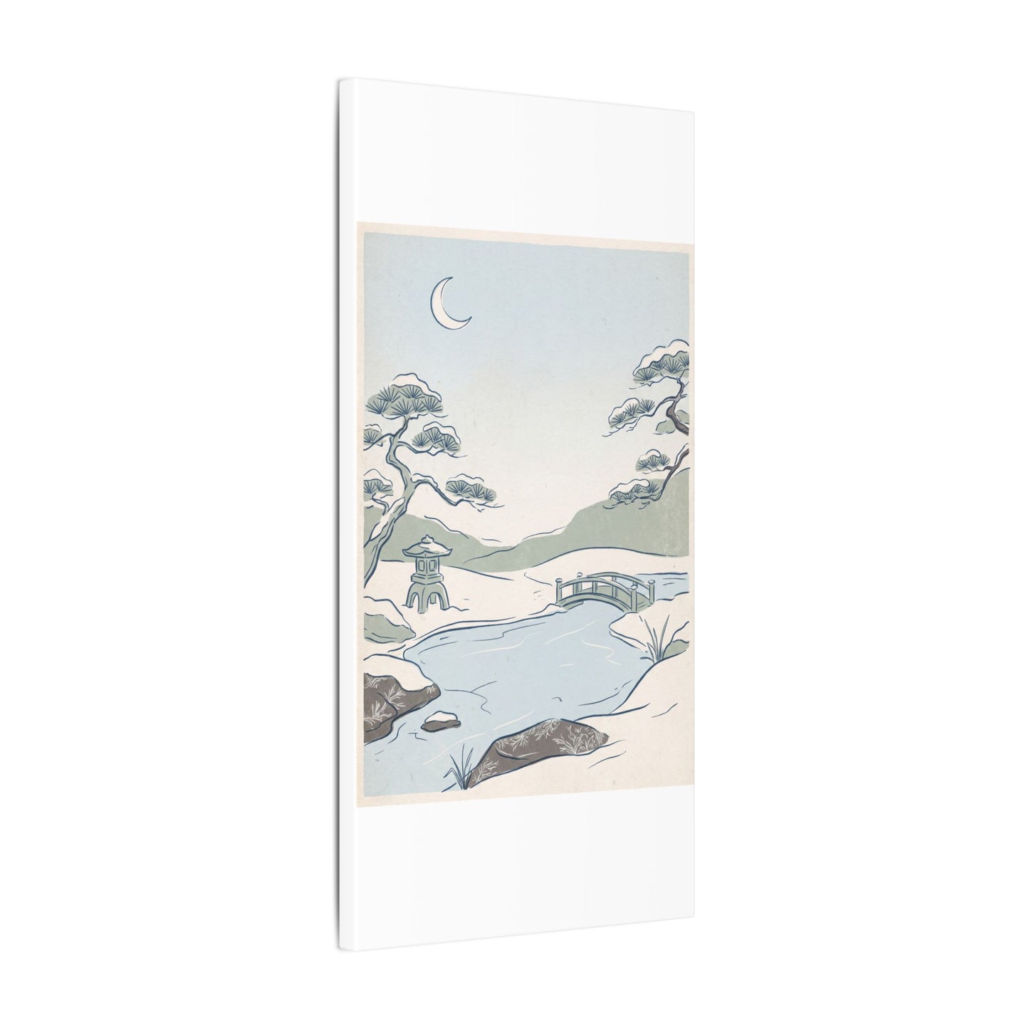 Japandi Moonlit Garden in Moonlight | Minimal Line Canvas Art