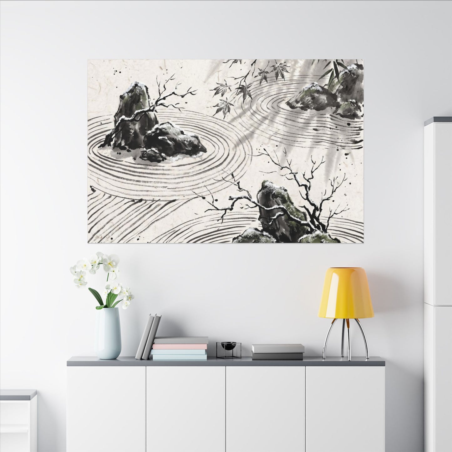 Rock Garden Canvas Art | Winter Zen Sumi E Art