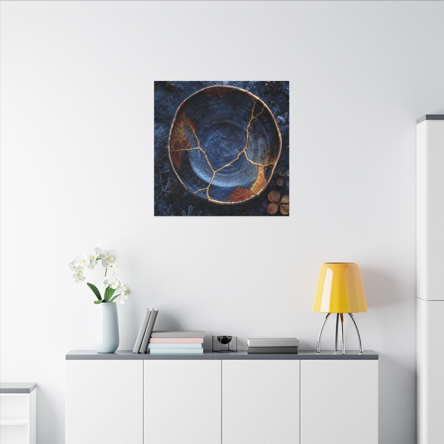 Kintsugi Ceramic Bowl in Moonlight | Crackle Gold Canvas Art