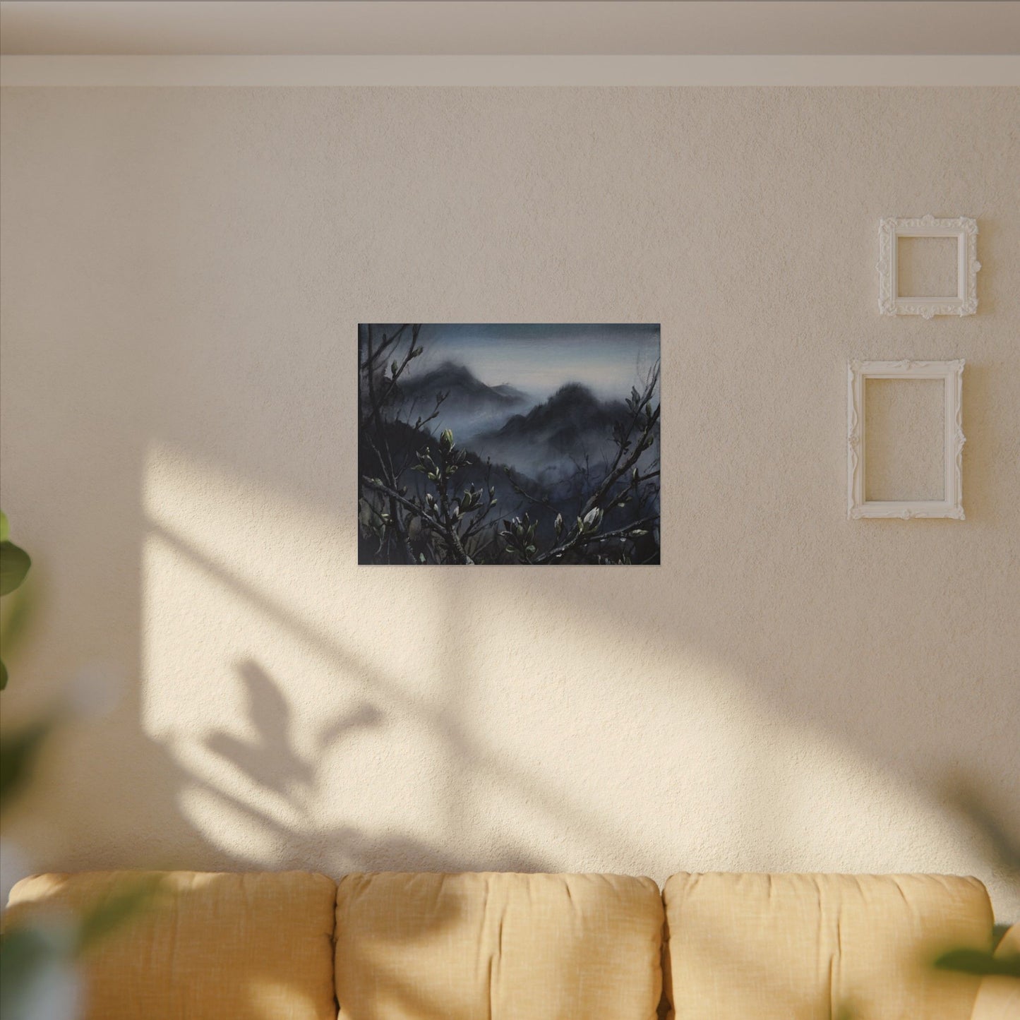 Mountain Mist Spring Canvas Art | Dark Japandi Atmospheric Design