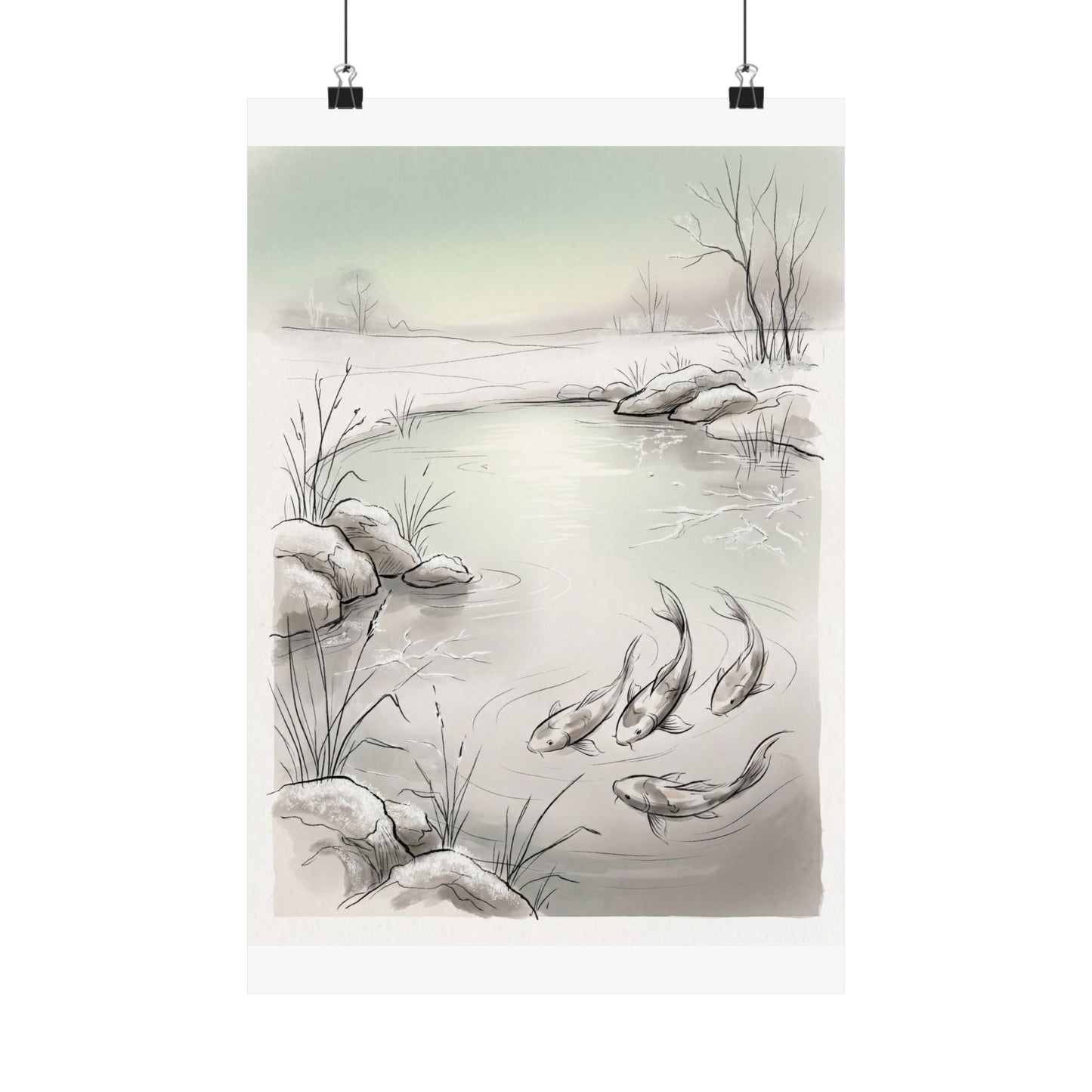 Japandi Koi Pond in Dawn | Minimal Line Wall Art Print
