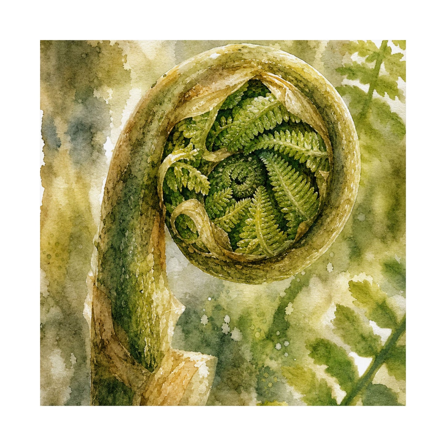 Elegant Fern Unfurling Wall Art Print - Watercolor Japandi