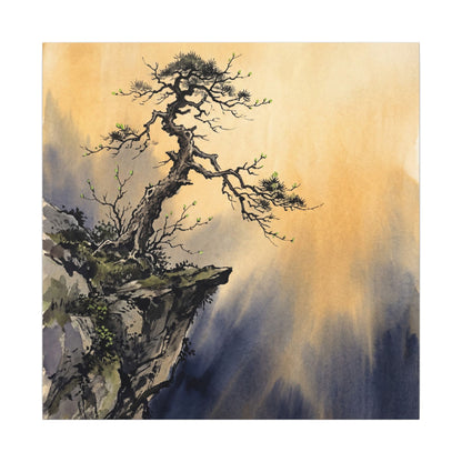 Zen Pine Tree in Golden Hour | Sumi E Canvas Art
