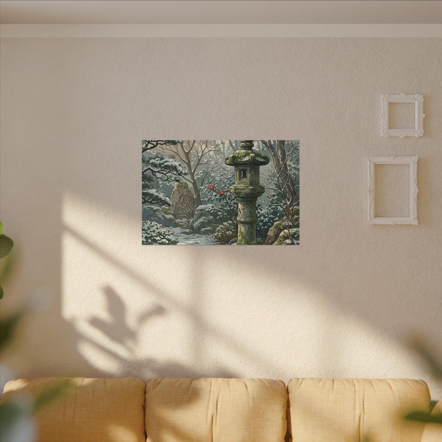 Stone Lantern Winter Canvas Art | Japandi Warm Design