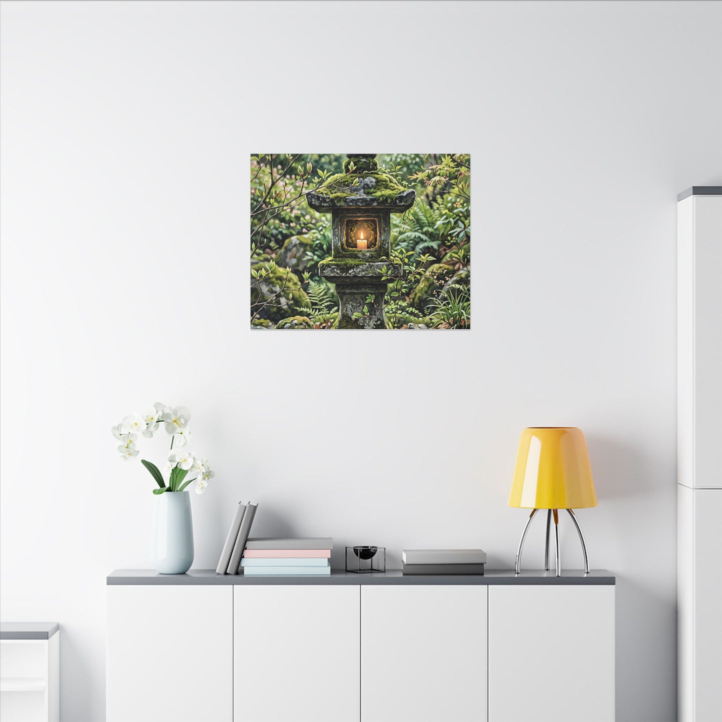 Neutral Stone Lantern Canvas Art - Japanese Pattern Japandi