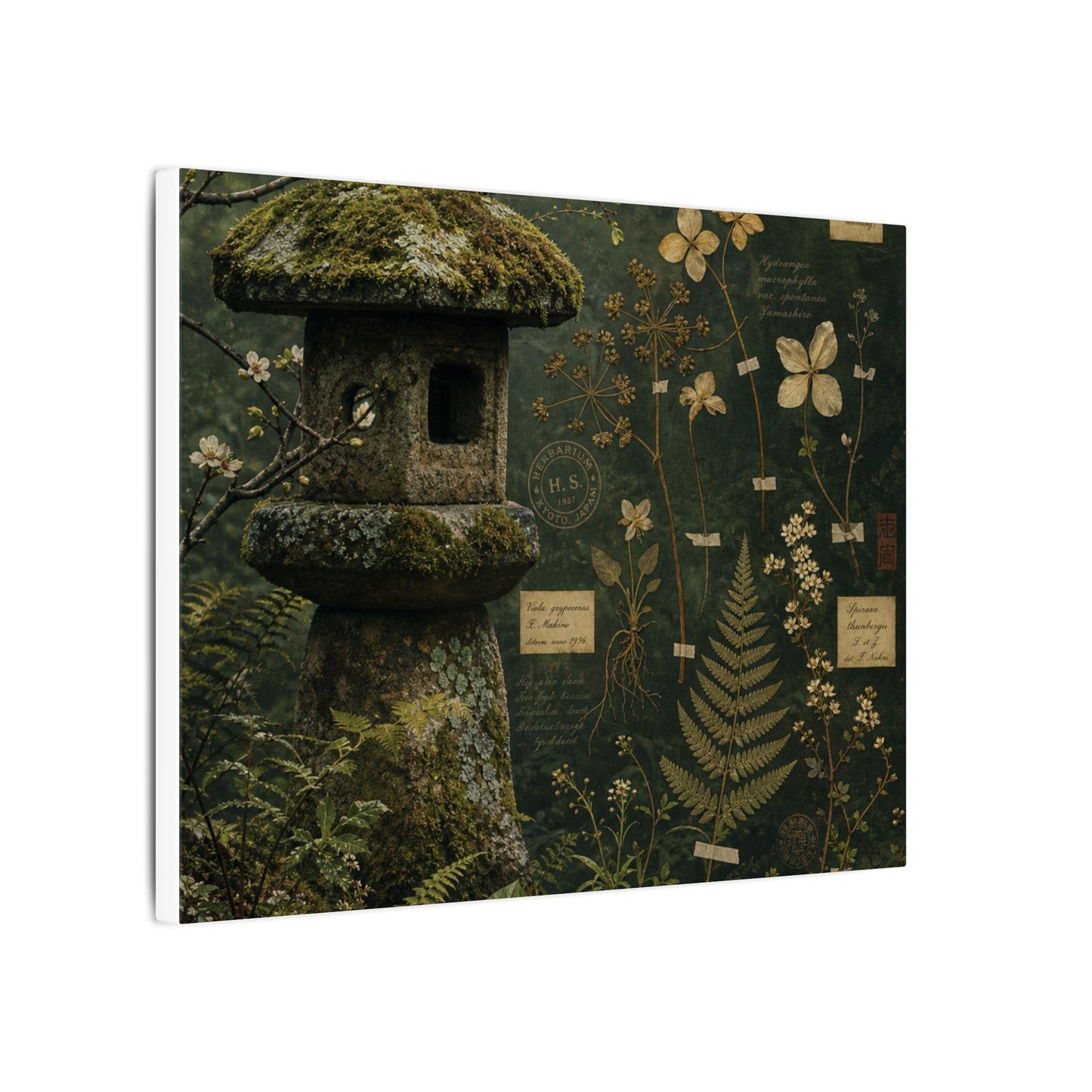 Spring Stone Lantern Herbarium Canvas Art | Nostalgic Decor
