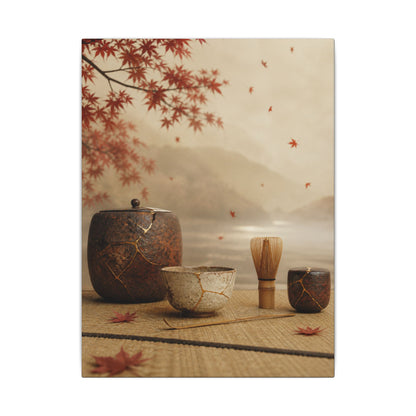 Tea Ceremony Canvas Art | Autumn Kintsugi Gold Vein Art