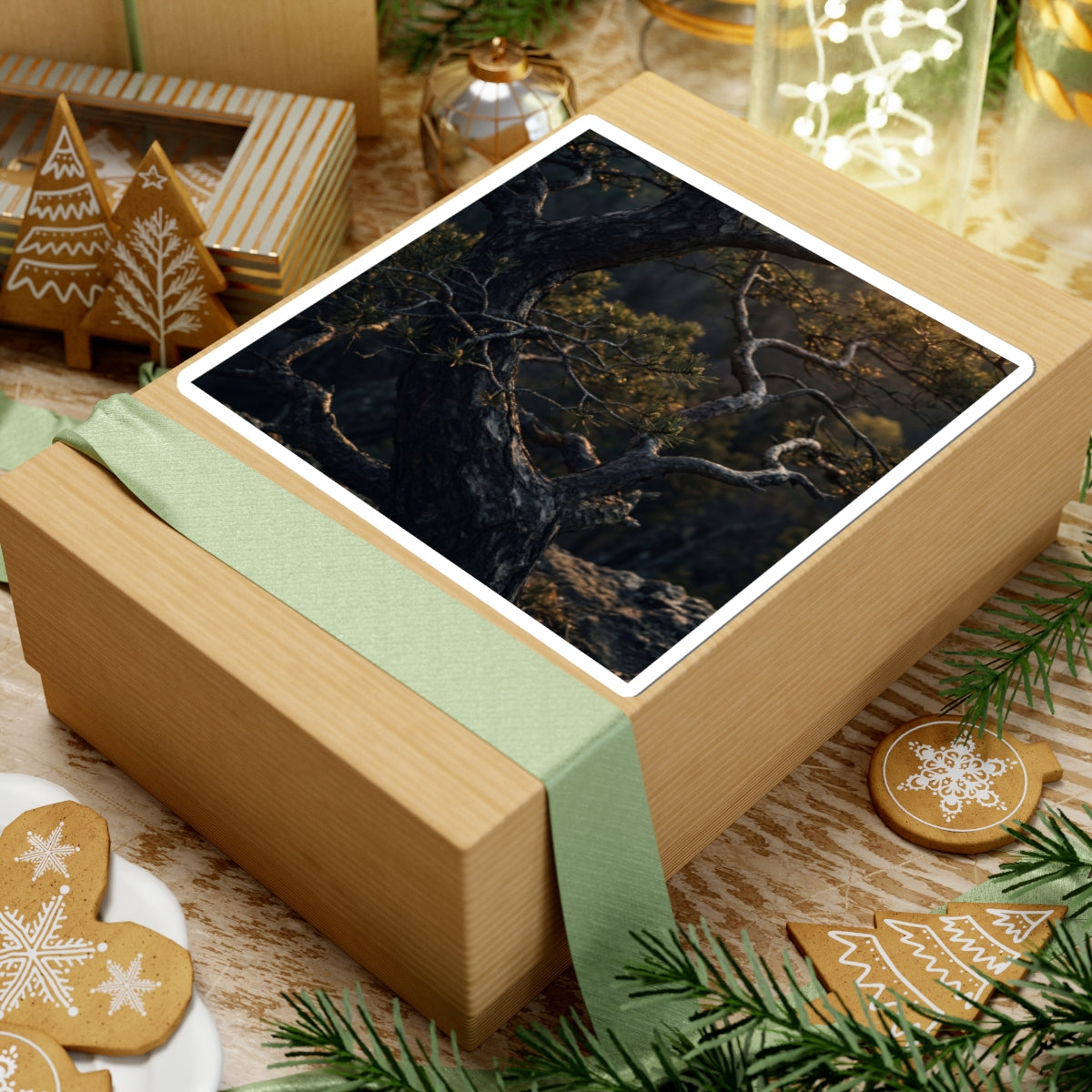 Sophisticated Pine Tree Sticker - Moody Minimal Dark Japandi Art Print