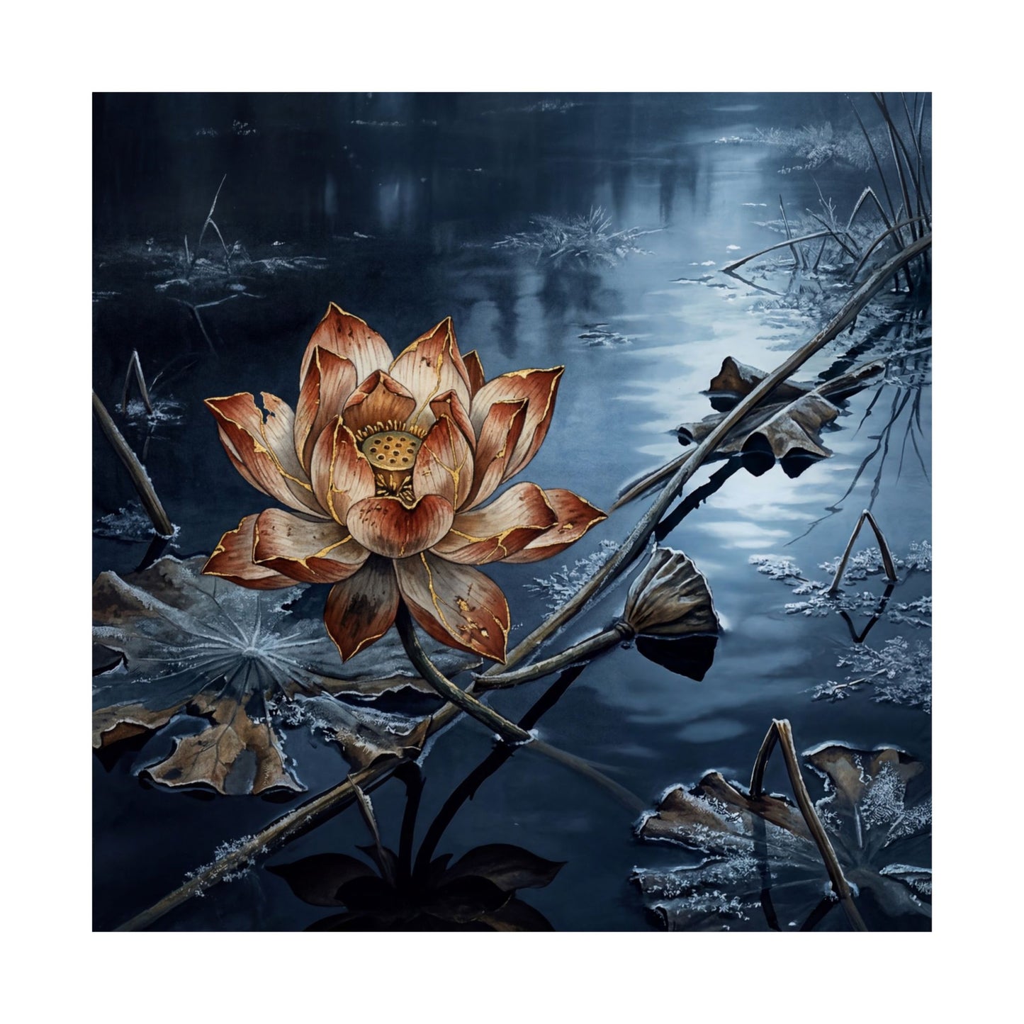 Kintsugi Lotus Flower in Moonlight | Broken Beauty Wall Art Print