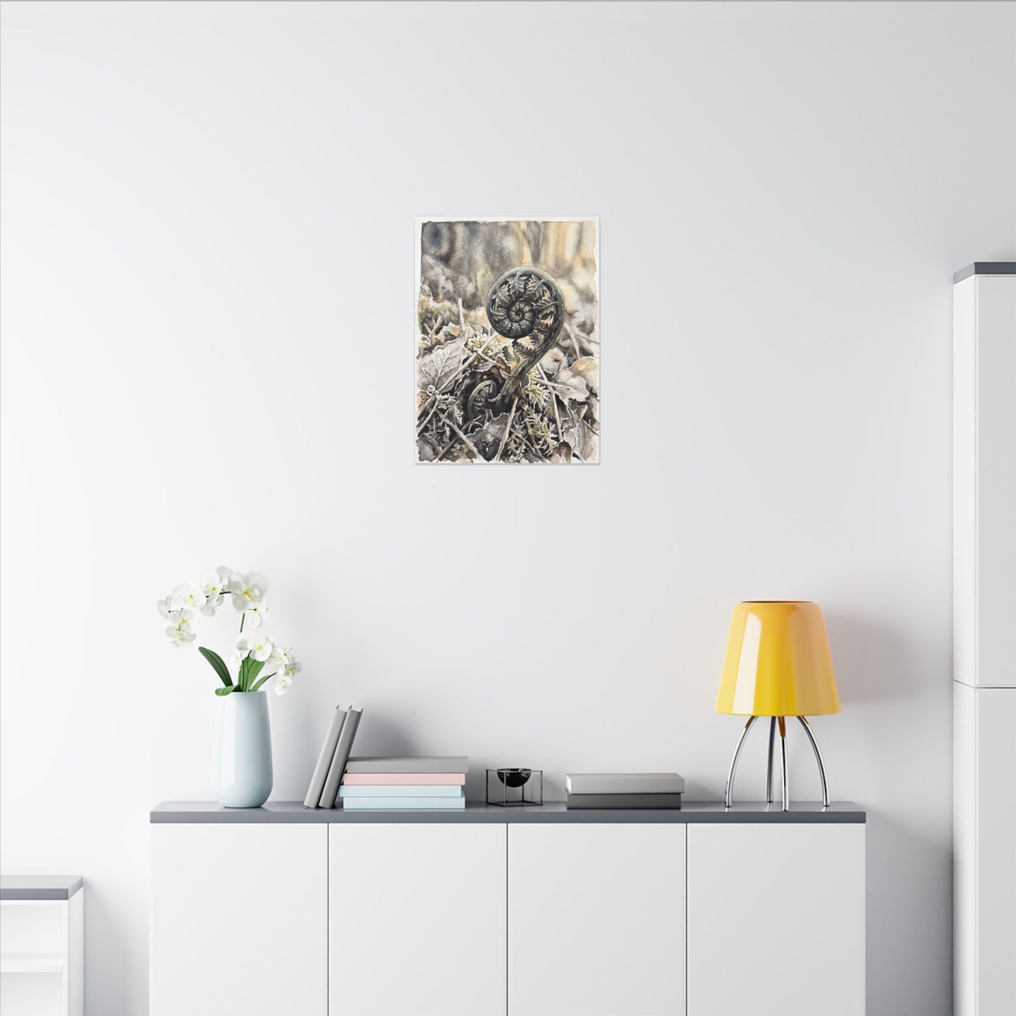 Japandi Fern Unfurling in Golden Hour | Watercolor Canvas Art
