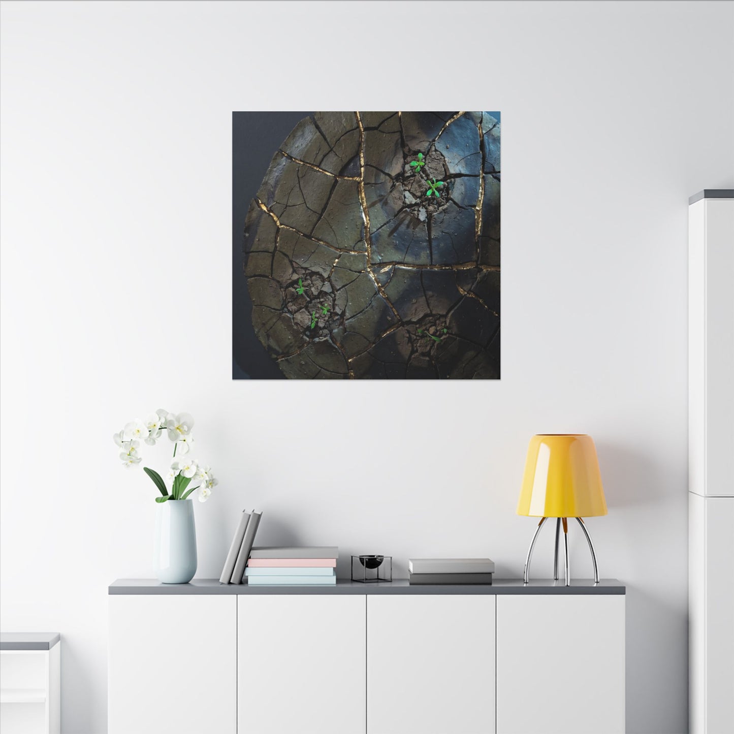 Dark Japandi Cracked Earth in Moonlight | Moody Minimal Canvas Art