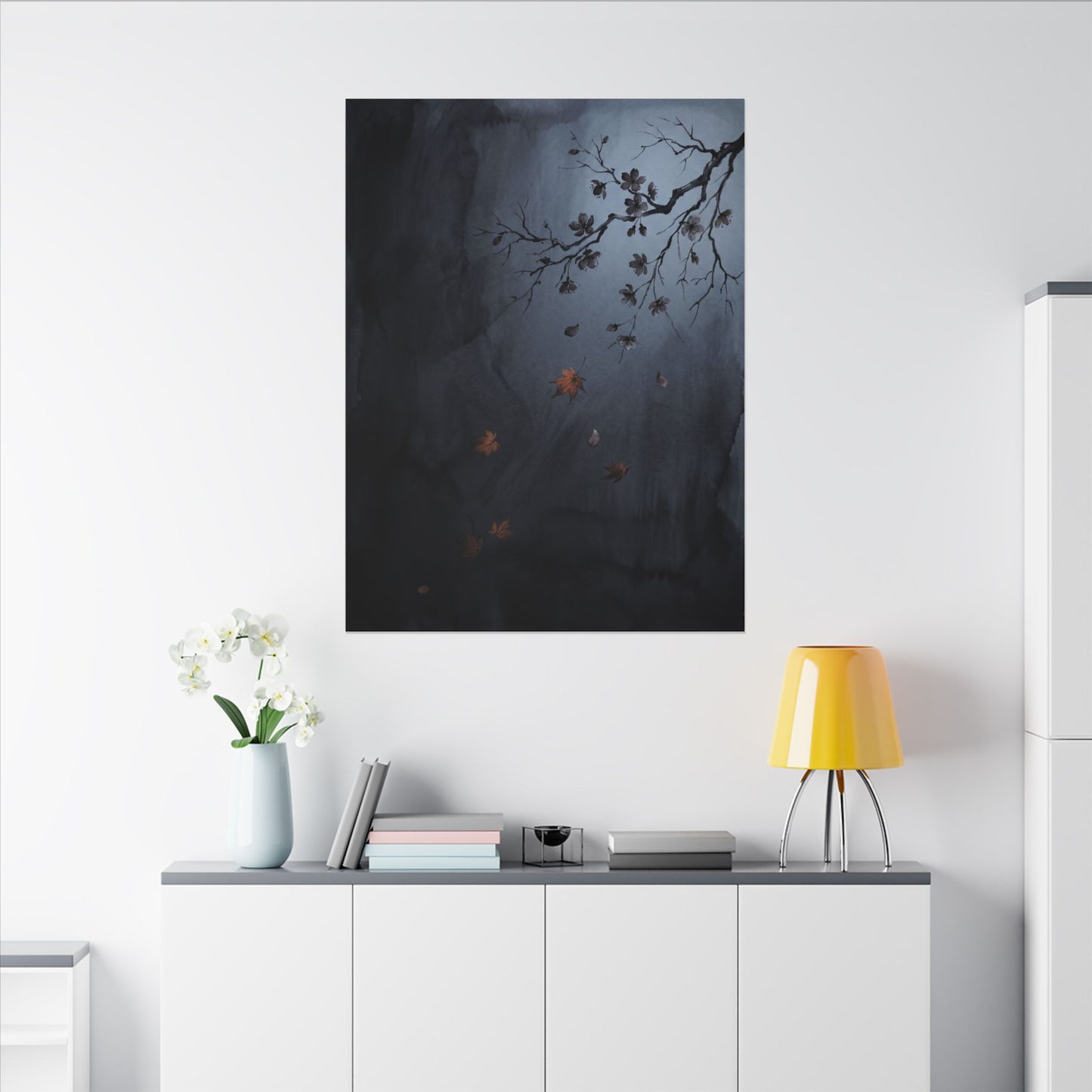 Autumn Cherry Blossom Charcoal Ink Canvas Art | Atmospheric Decor