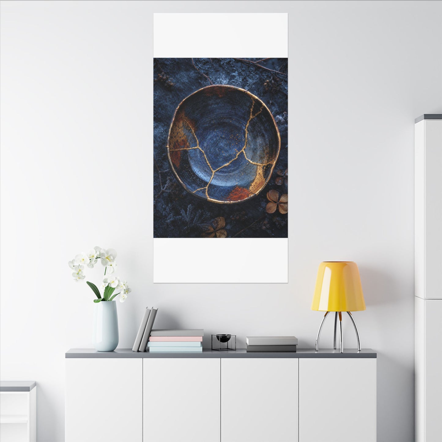 Kintsugi Ceramic Bowl in Moonlight | Crackle Gold Canvas Art
