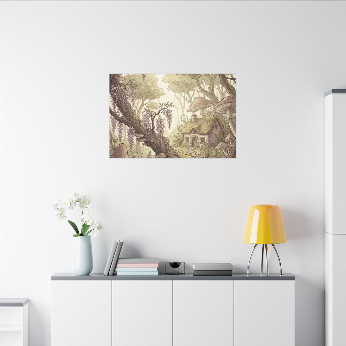 Summer Wisteria Mushroom Illustration Canvas Art | Enchanting Decor