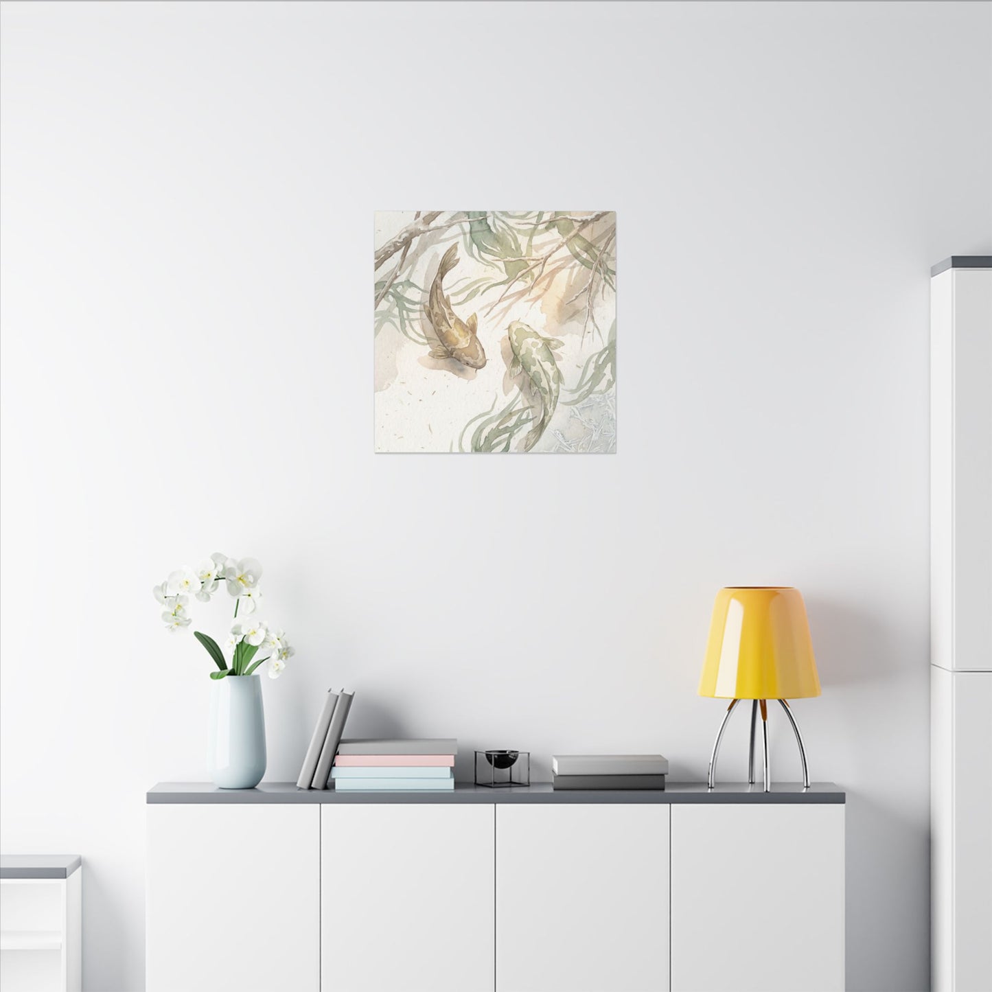 Koi Pond Canvas Art | Winter Japandi Watercolor Art