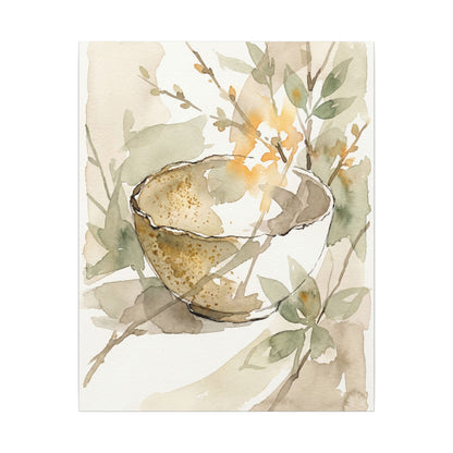 Spring Ceramic Bowl Watercolor Canvas Art | Neutral Decor