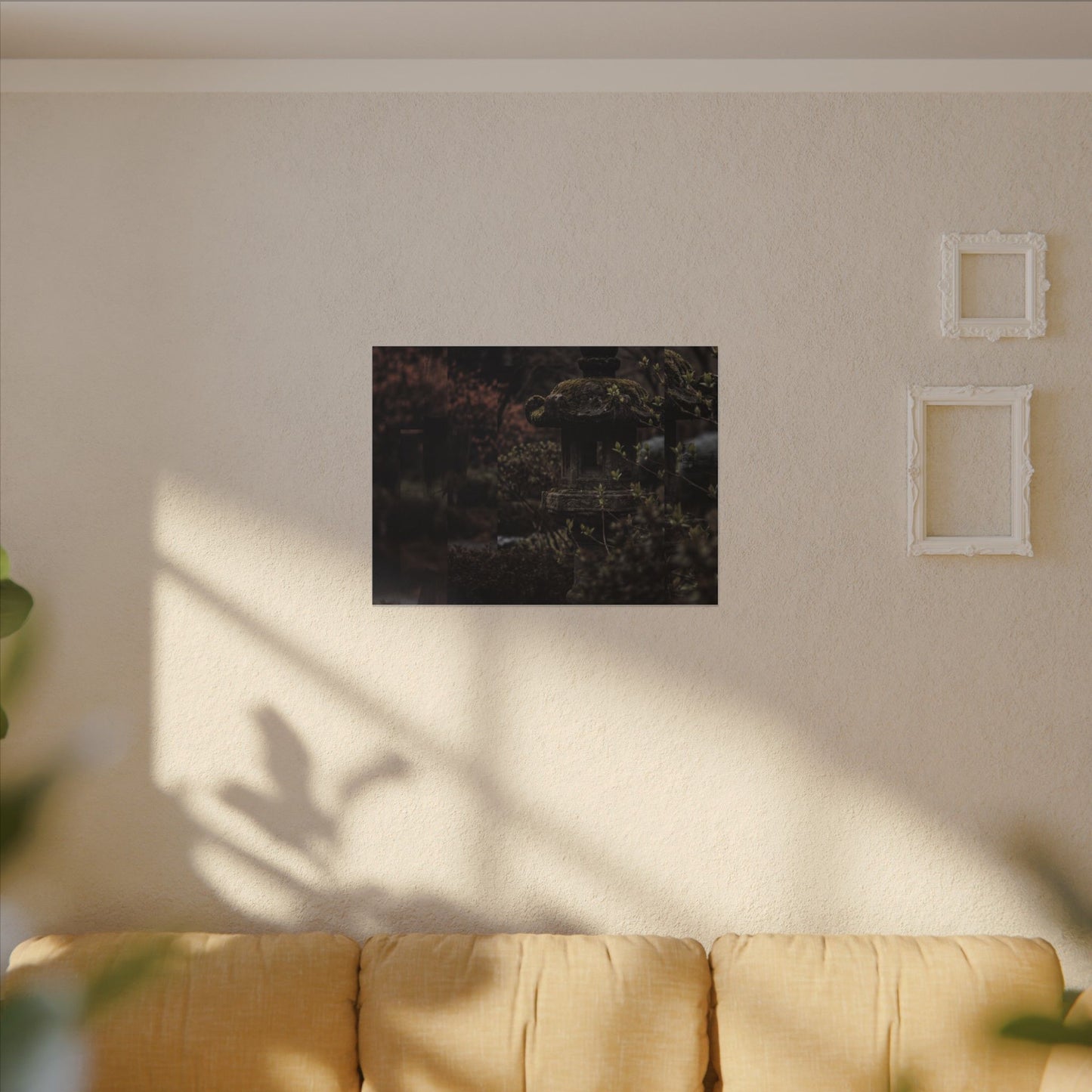 Stone Lantern Spring Canvas Art | Dark Japandi Bold Design