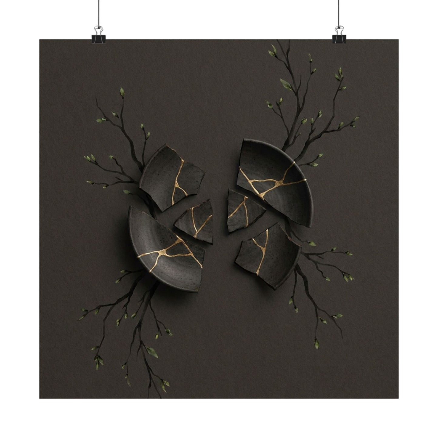 Dark Japandi Broken Pottery in Overcast | Charcoal Ink Wall Art Print