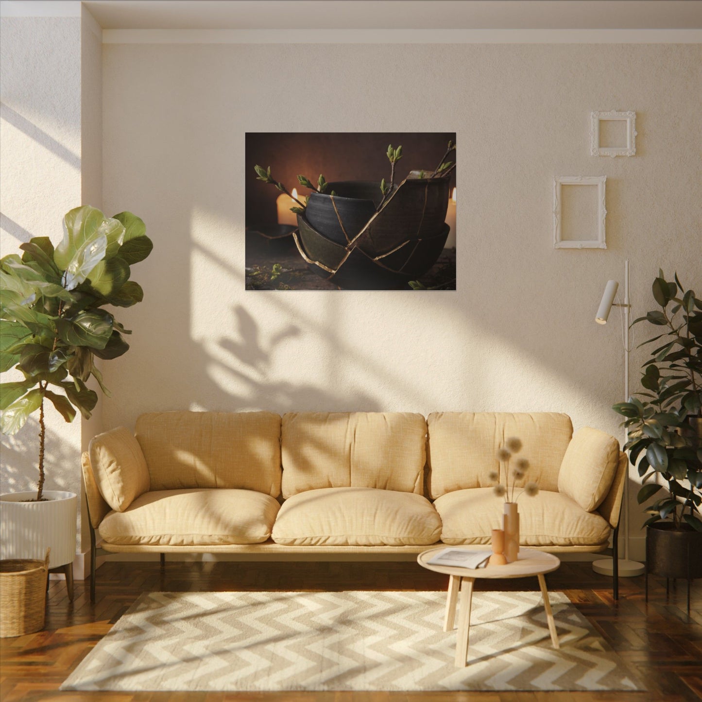 Broken Pottery Spring Canvas Art | Dark Japandi Luxurious Design