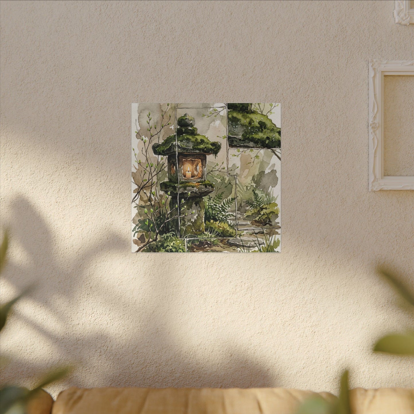 Stone Lantern Watercolor Canvas Art | Elegant Japandi Art
