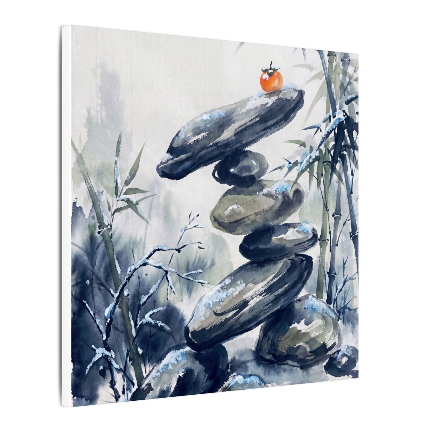 Zen River Stones in Moonlight | Sumi E Canvas Art