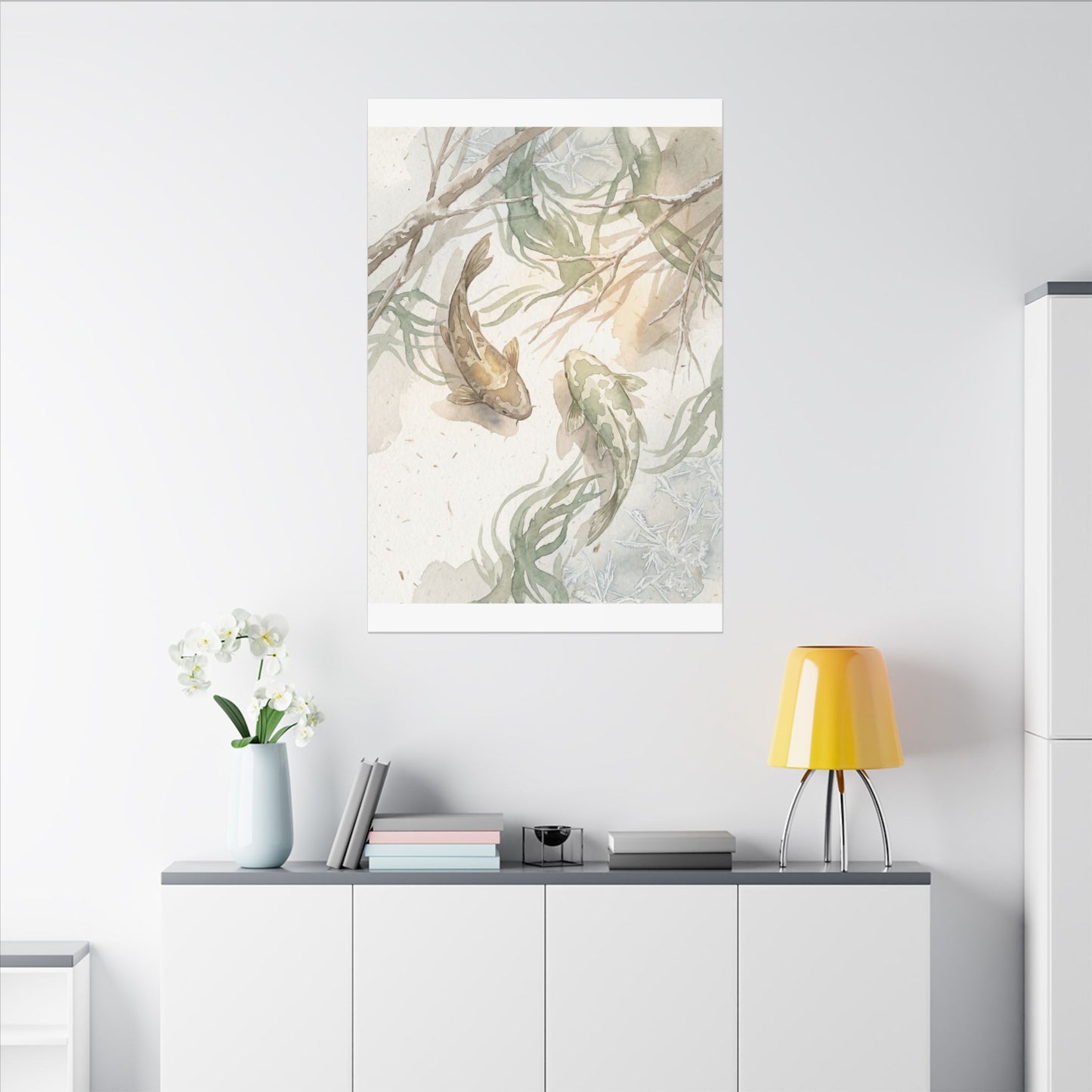 Koi Pond Canvas Art | Winter Japandi Watercolor Art