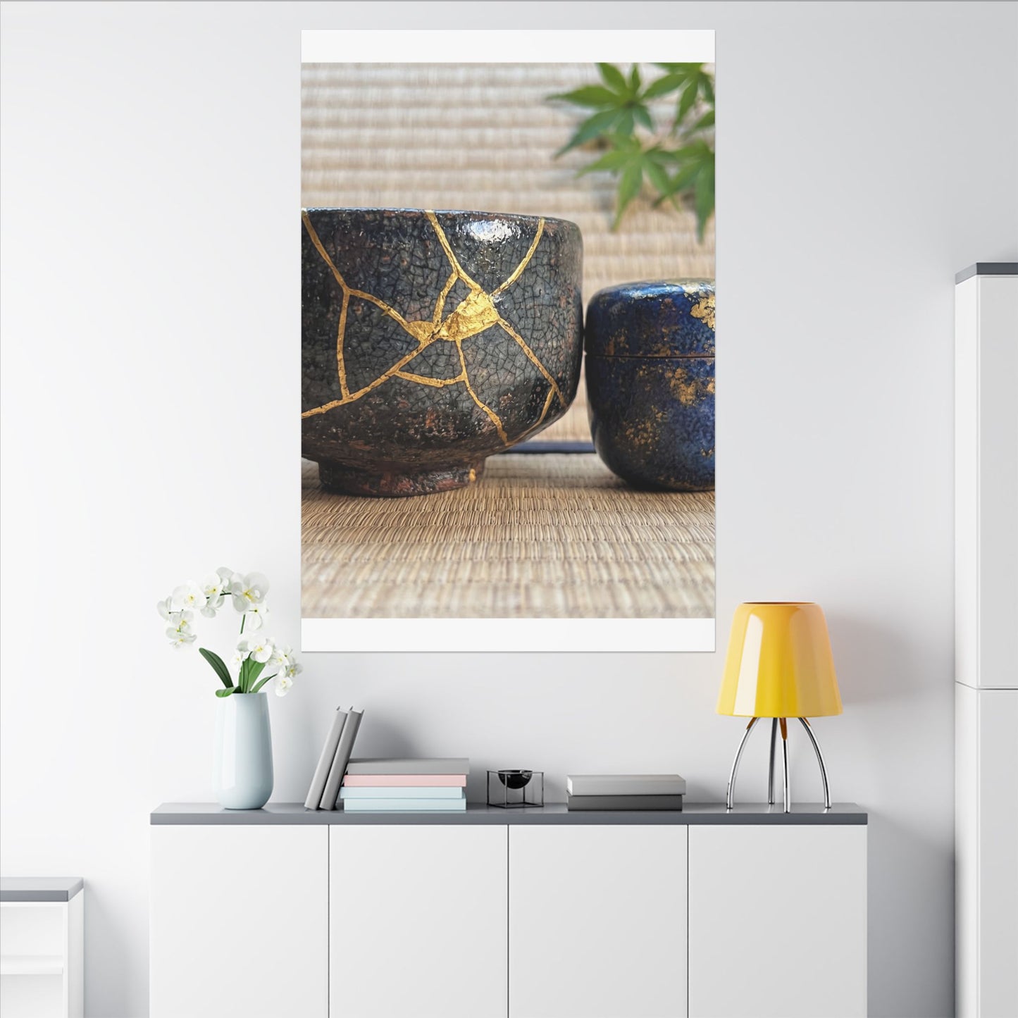 Tea Ceremony Crackle Gold Canvas Art | Philosophical Kintsugi Art