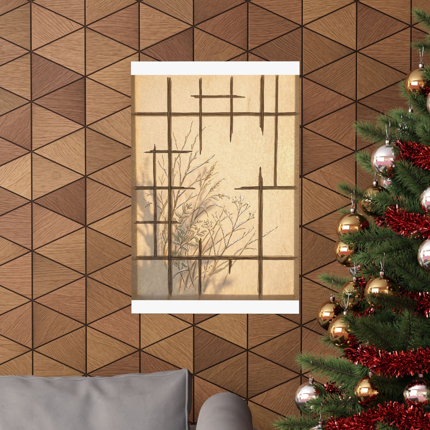 Japandi Shoji Screen in Golden Hour | Minimal Line Wall Art Print