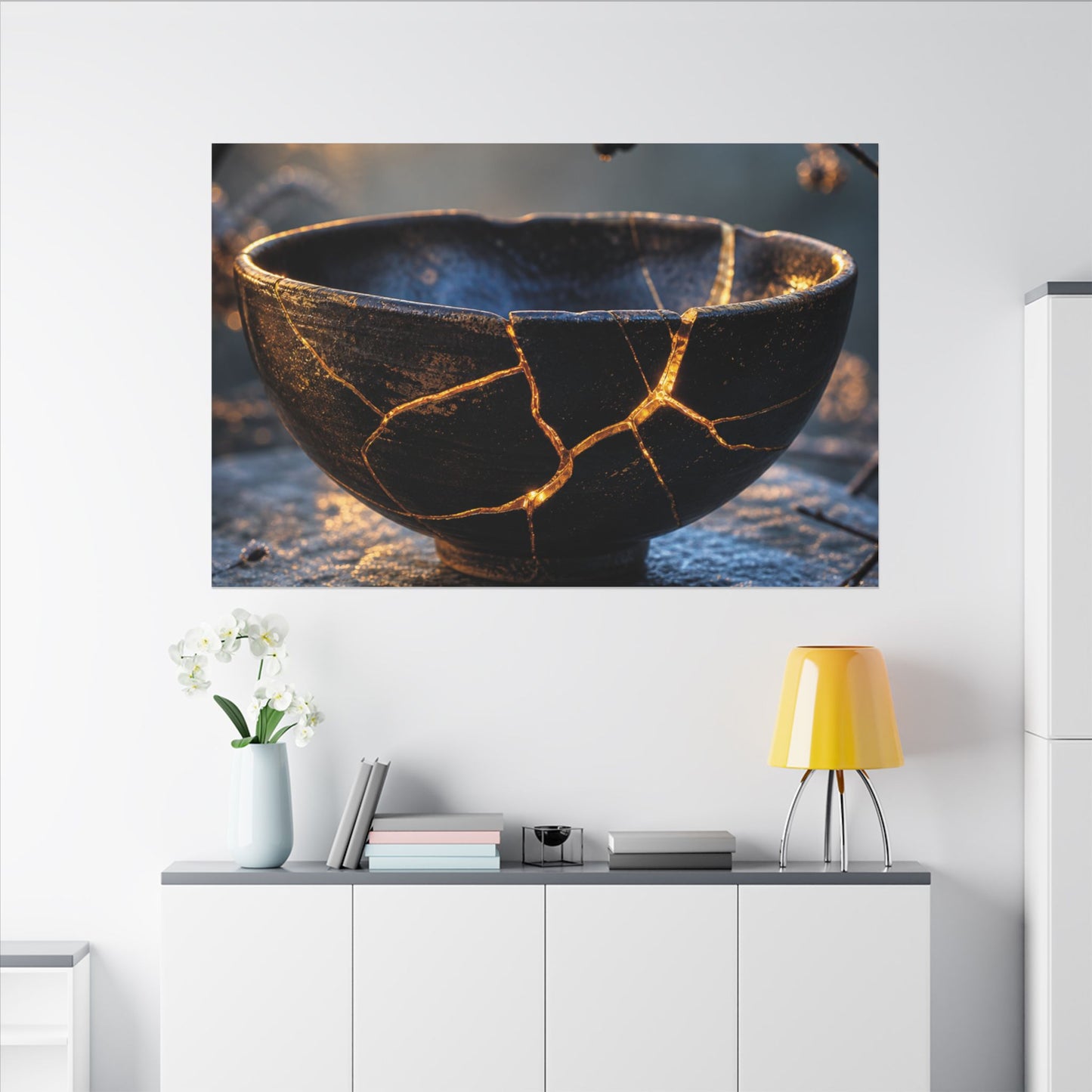 Ceramic Bowl Canvas Art | Winter Kintsugi Gold Repair Art