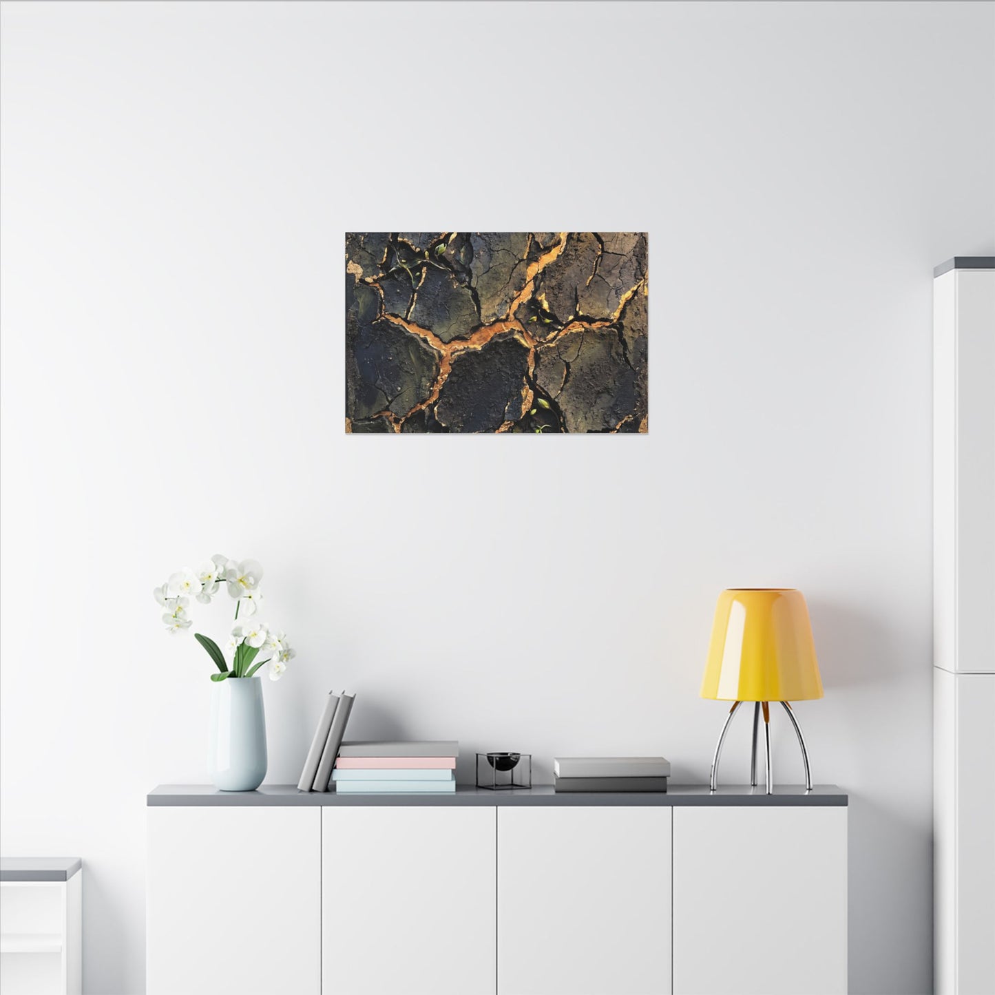 Cracked Earth Spring Canvas Art | Dark Japandi Atmospheric Design