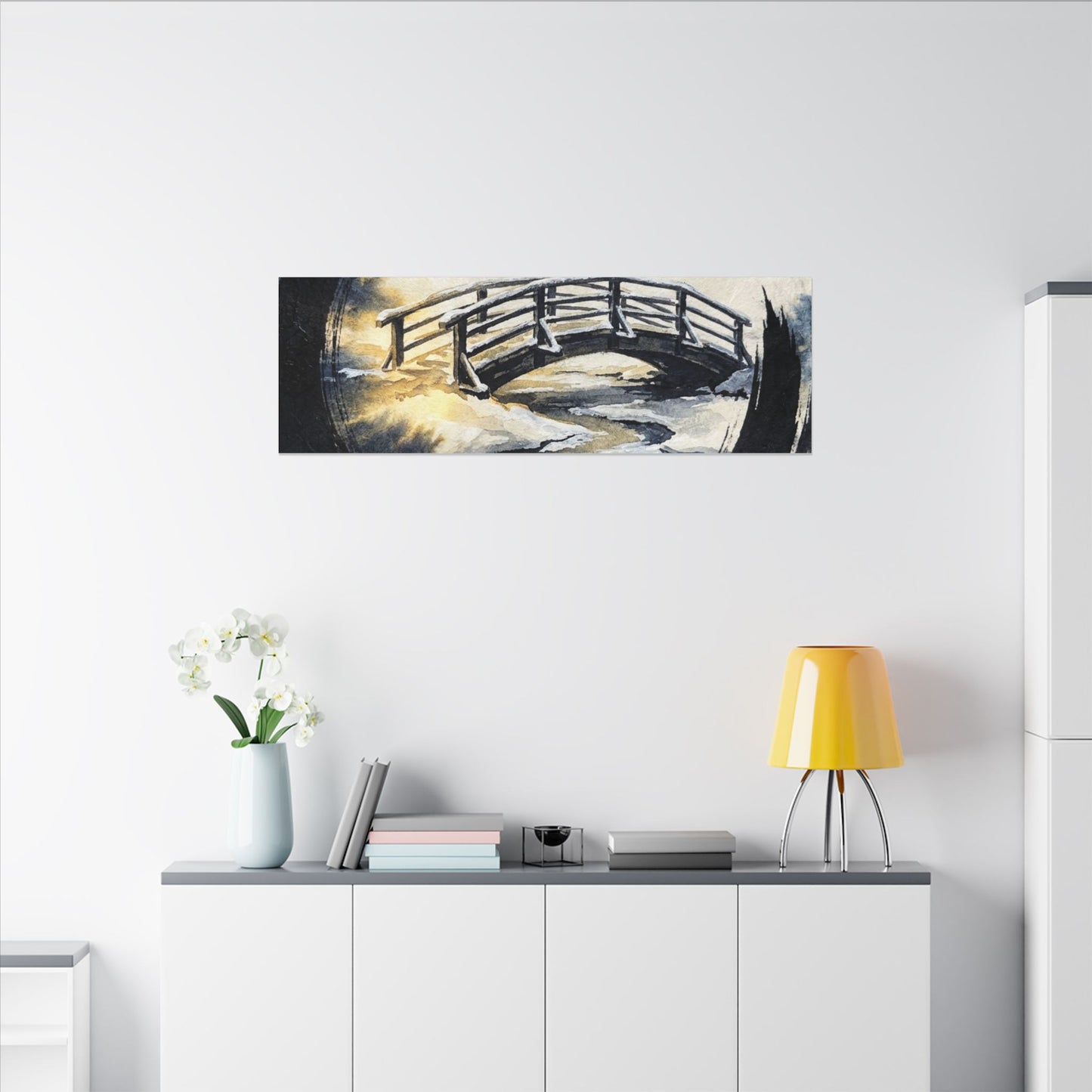 Winter Wooden Bridge Enso Canvas Art | Serene Decor