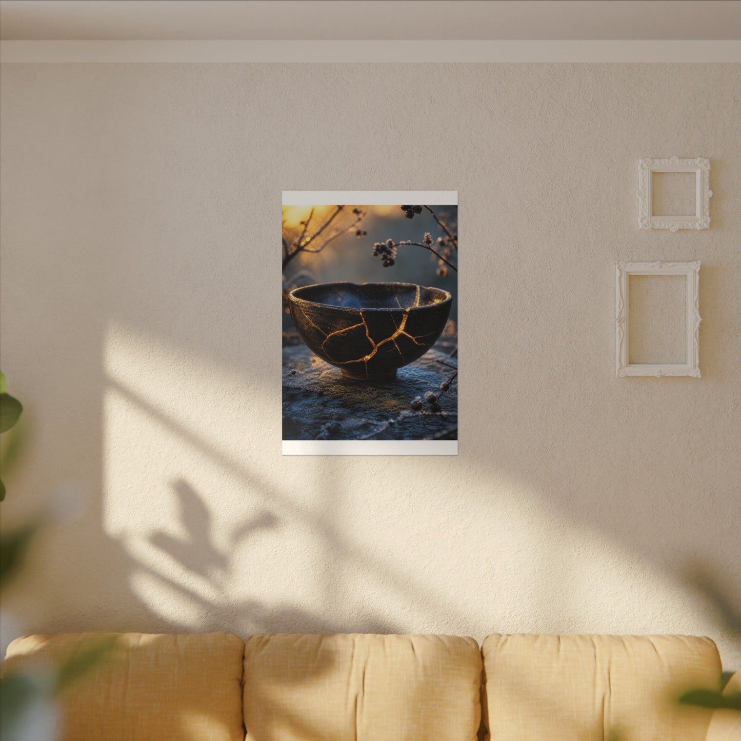 Ceramic Bowl Canvas Art | Winter Kintsugi Gold Repair Art