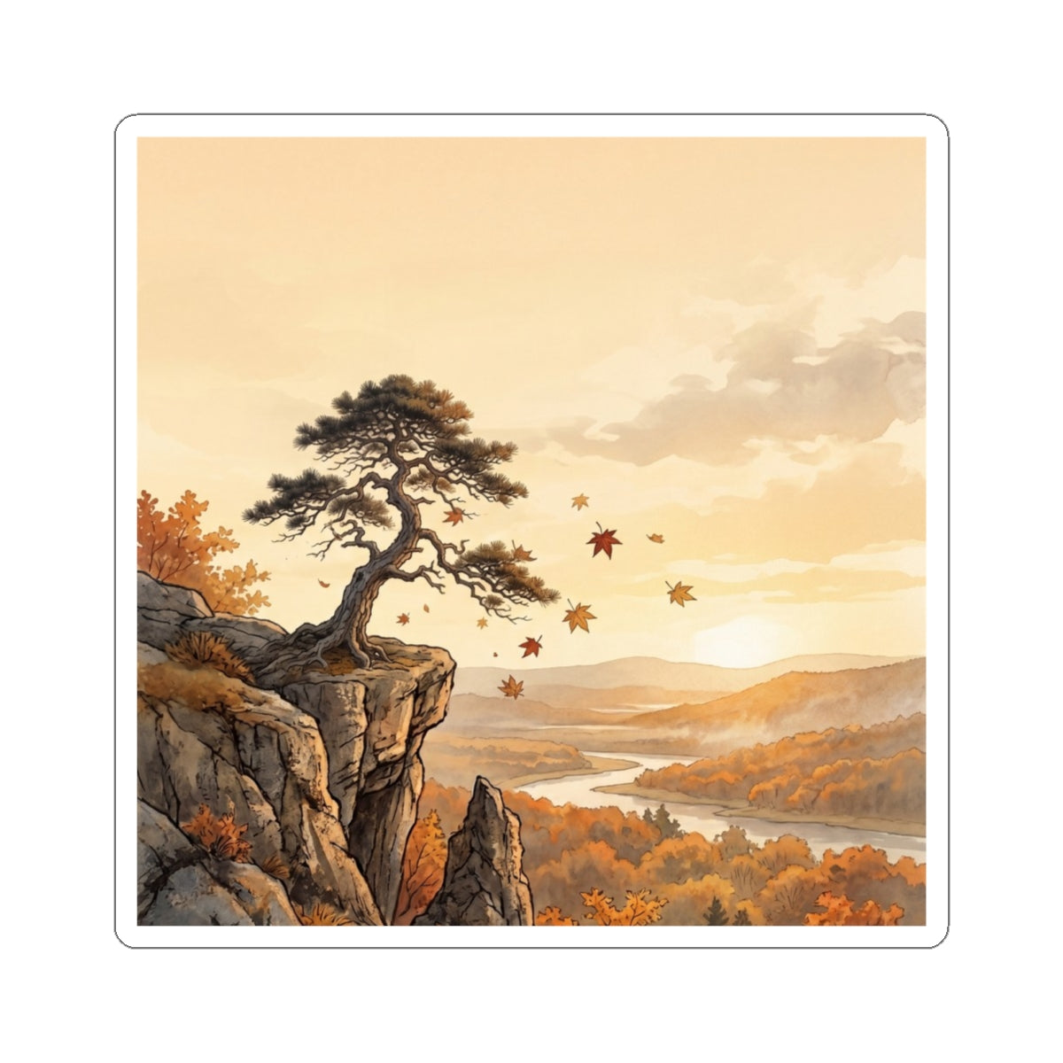 Japandi Pine Tree in Golden Hour | Japanese Pattern Sticker