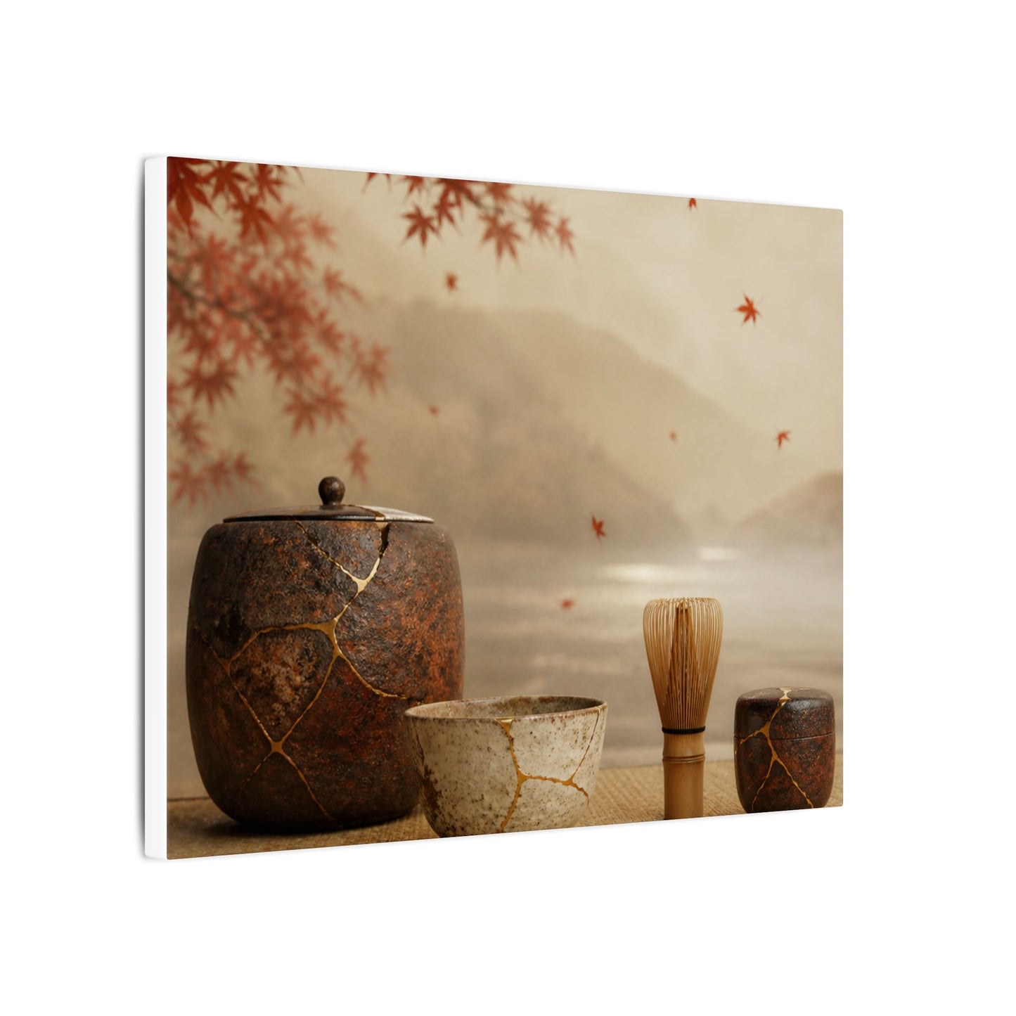 Tea Ceremony Canvas Art | Autumn Kintsugi Gold Vein Art