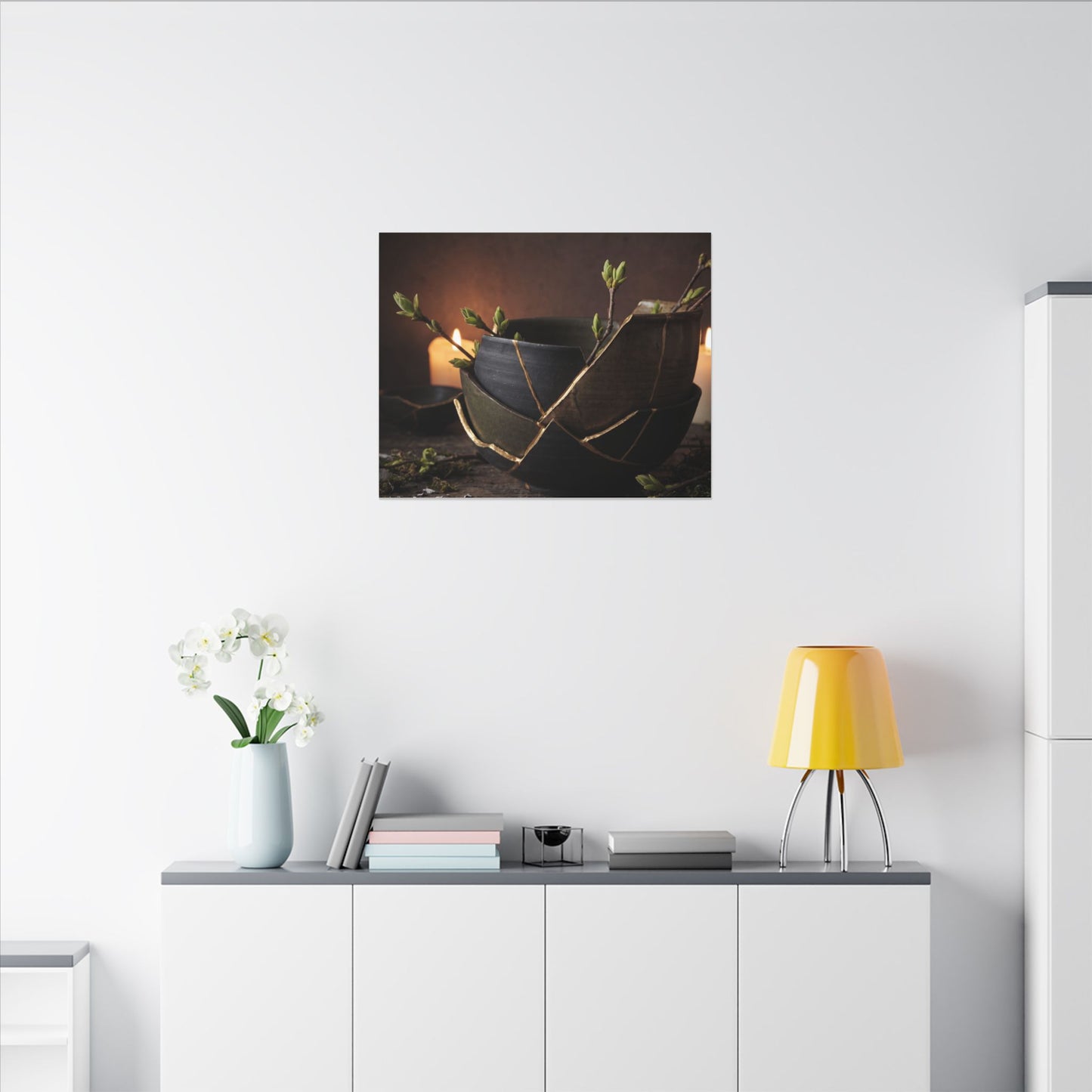 Broken Pottery Spring Canvas Art | Dark Japandi Luxurious Design