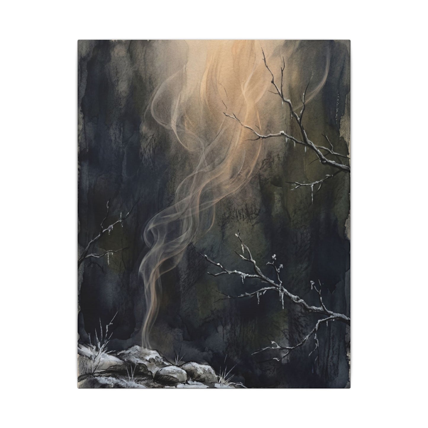Incense Smoke Winter Canvas Art | Dark Japandi Moody Design