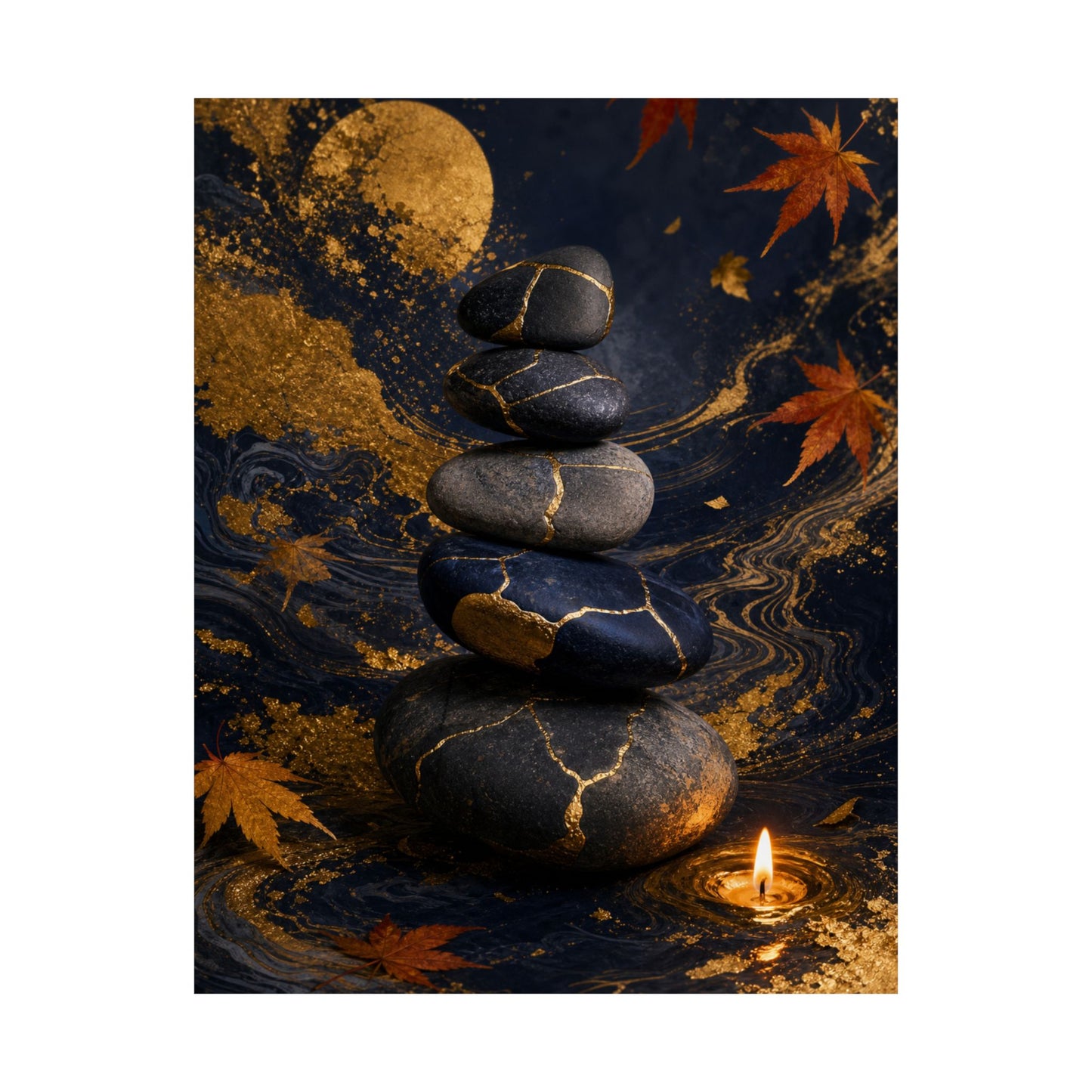 River Stones Wall Art Print | Autumn Kintsugi Gold Vein Art