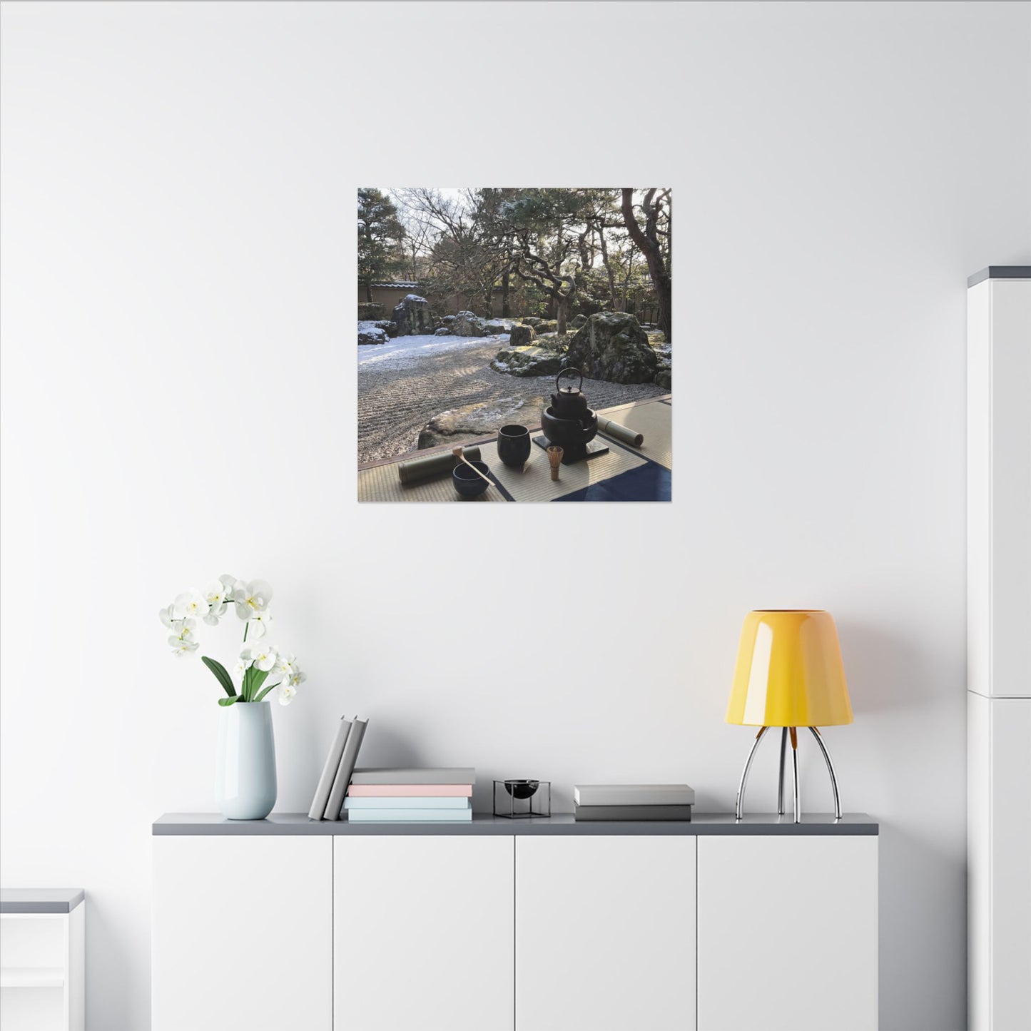 Winter Tea Ceremony Karesansui Canvas Art | Serene Decor