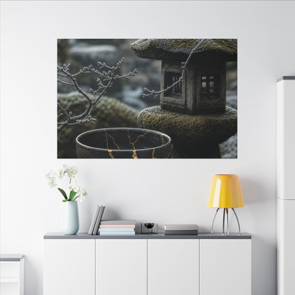 Stone Lantern Canvas Art | Winter Kintsugi Gold Repair Art