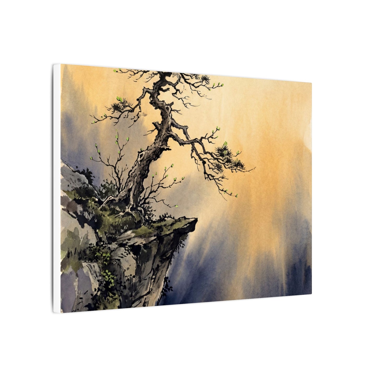 Zen Pine Tree in Golden Hour | Sumi E Canvas Art