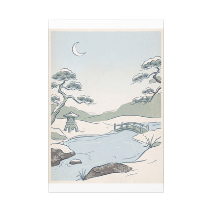 Japandi Moonlit Garden in Moonlight | Minimal Line Canvas Art