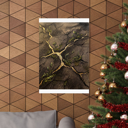 Fukinsei Cracked Earth Wall Art Print - Dark Japandi Charcoal Ink