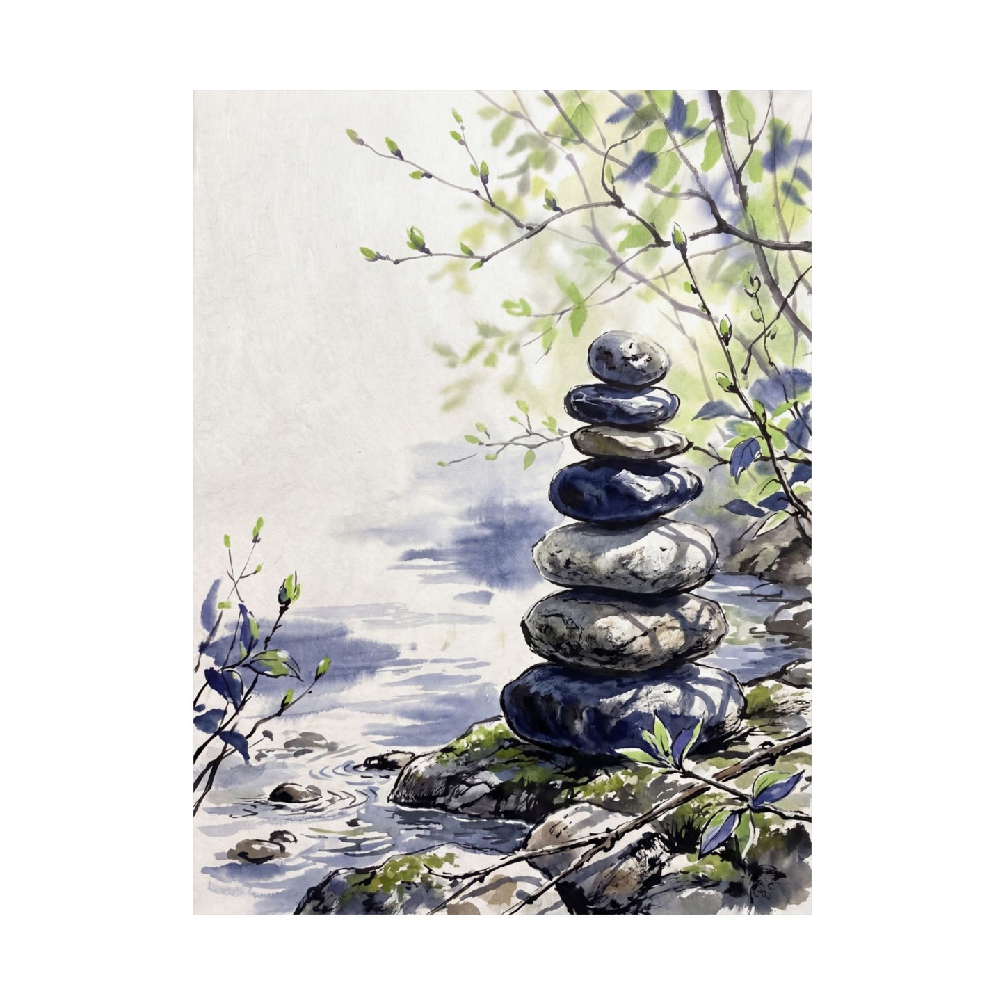 Zen River Stones in Dappled | Sumi E Wall Art Print