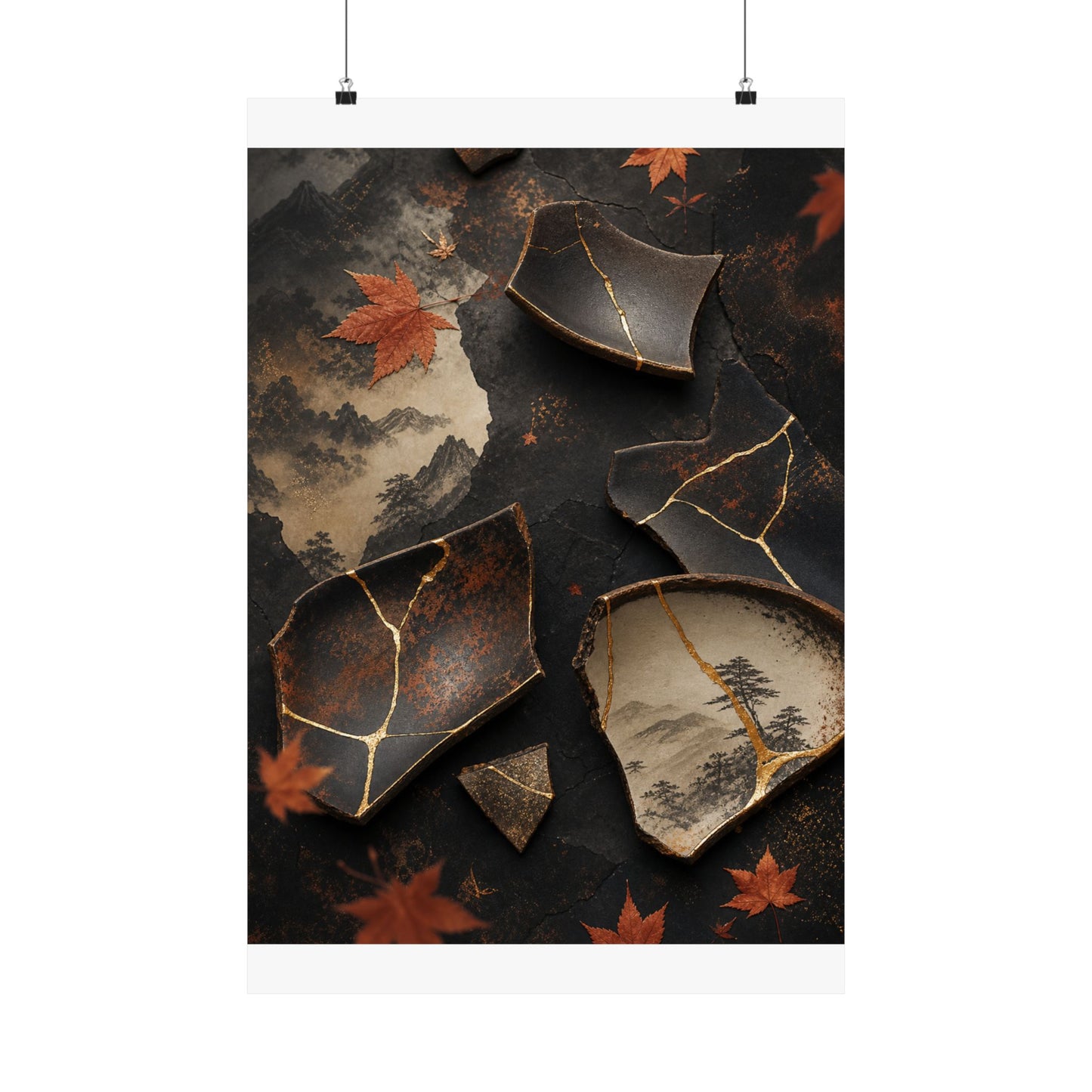 Broken Pottery Wall Art Print | Autumn Kintsugi Gold Vein Art
