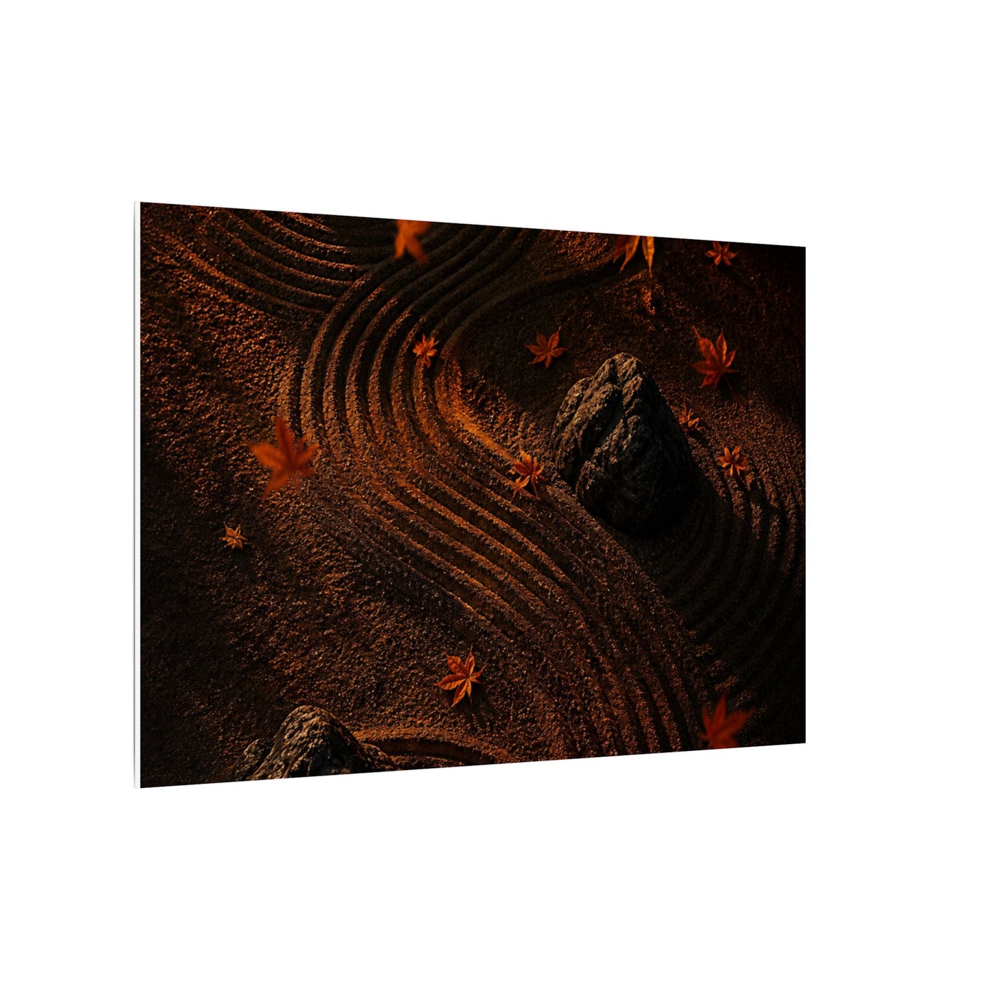 Dark Japandi Rock Garden in Golden Hour | Charcoal Ink Canvas Art