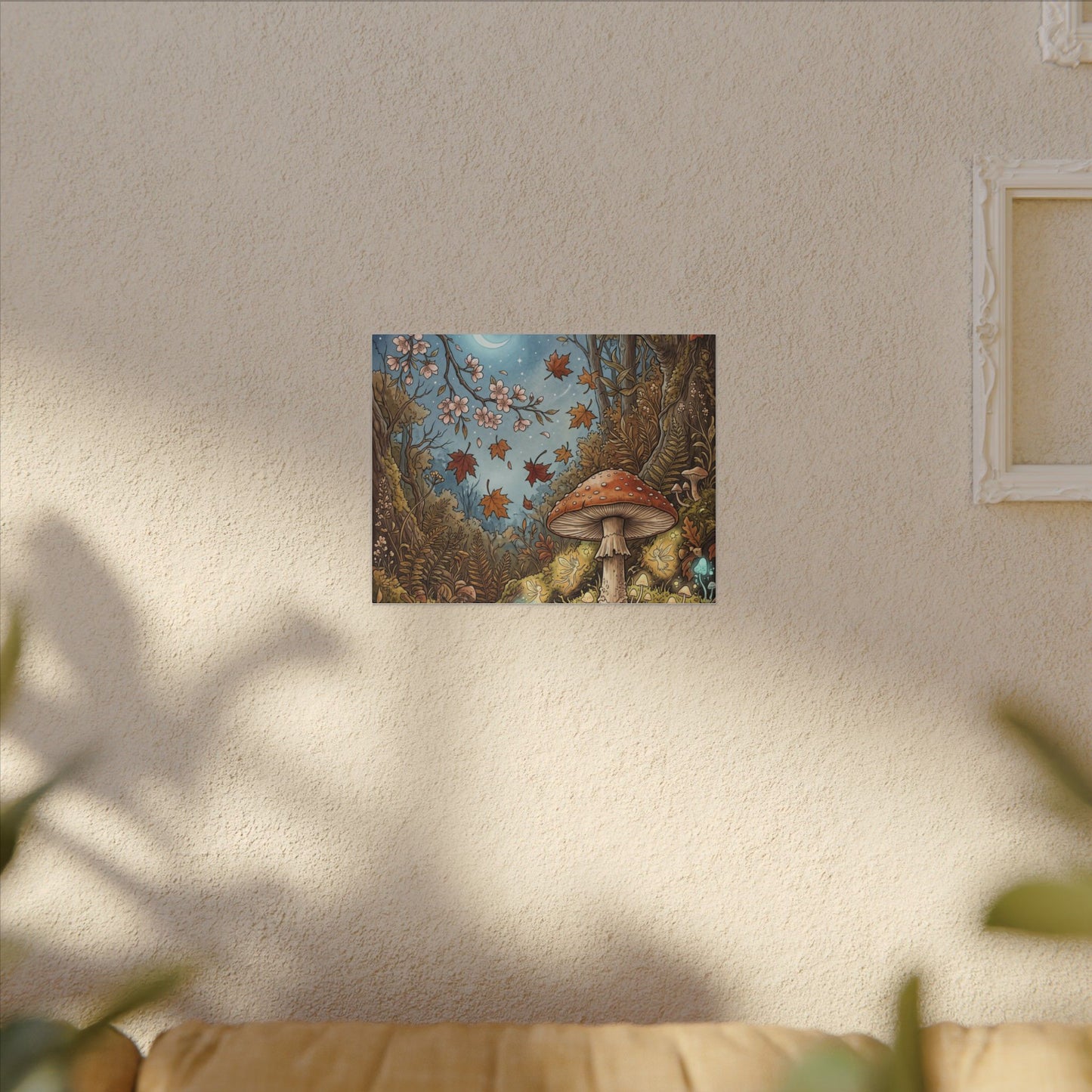 Autumn Cherry Blossom Mushroom Illustration Canvas Art | Enchanting Decor