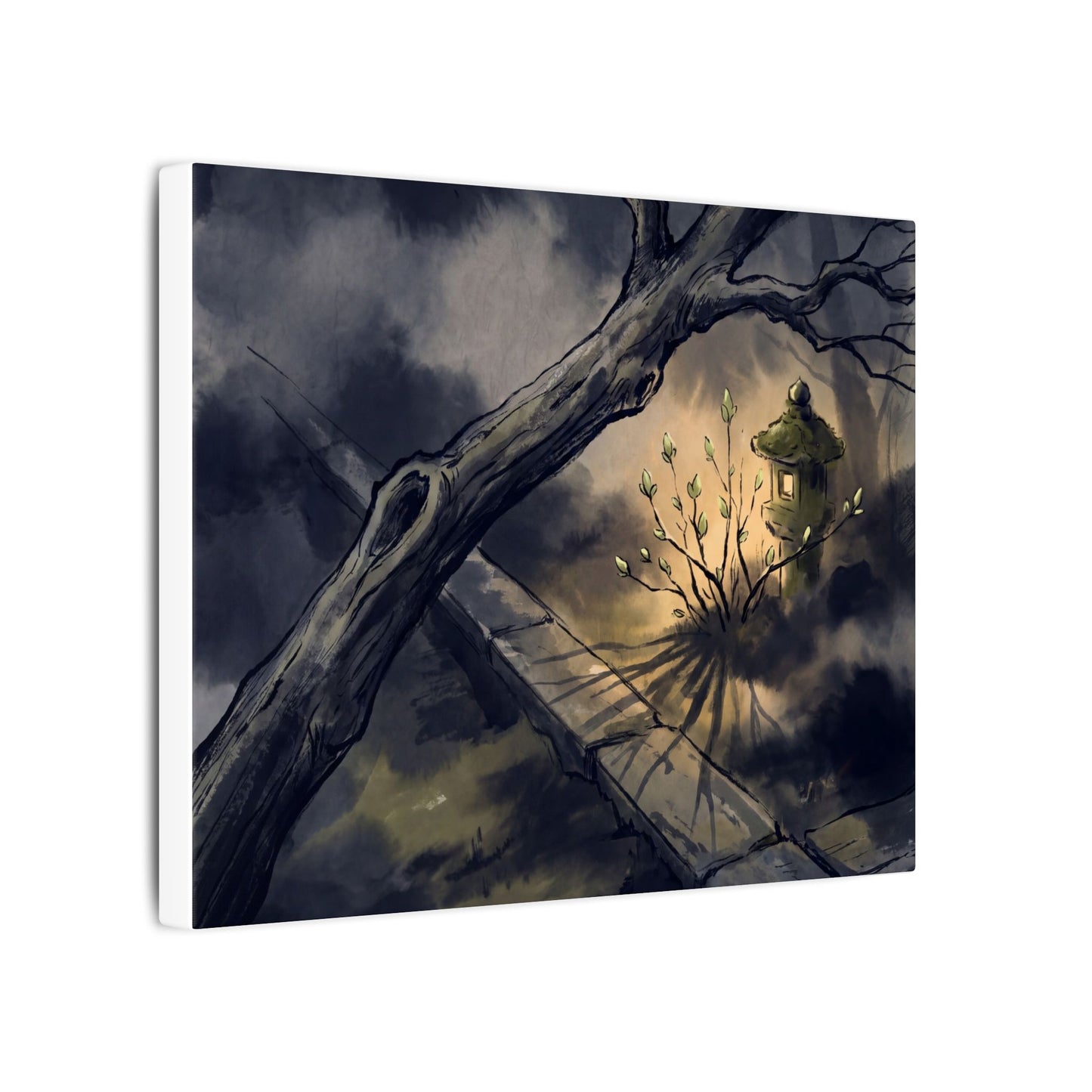 Dark Japandi Moonlit Garden in Golden Hour | Charcoal Ink Canvas Art