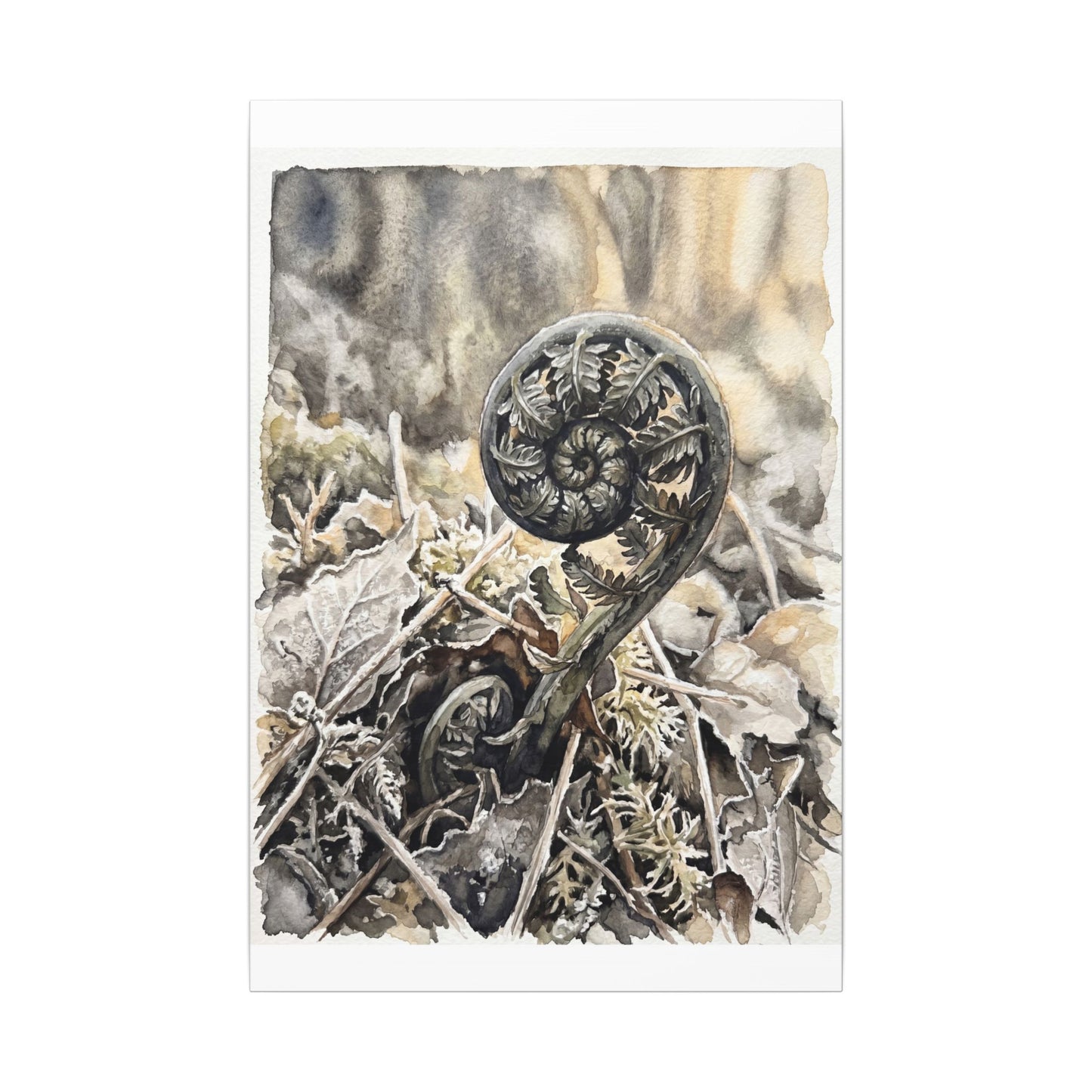 Japandi Fern Unfurling in Golden Hour | Watercolor Canvas Art